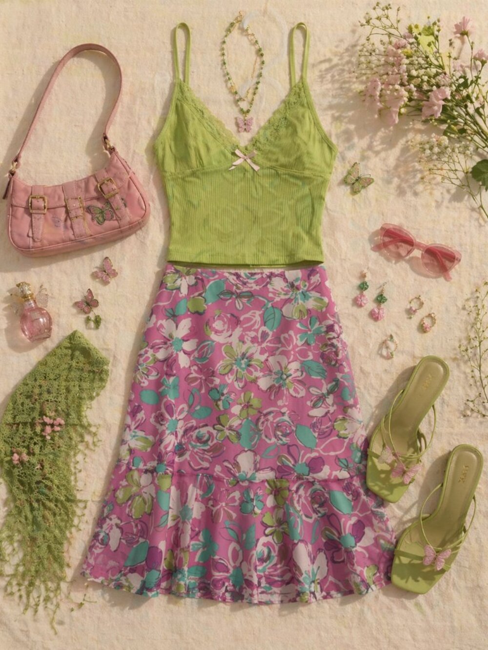 Fairycore Floral Midi Skirt Whimsical Boho Cottagecore Flowy Skirt Colorful